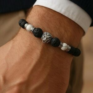 Black and White Beaded Bracelet with Lion Charm